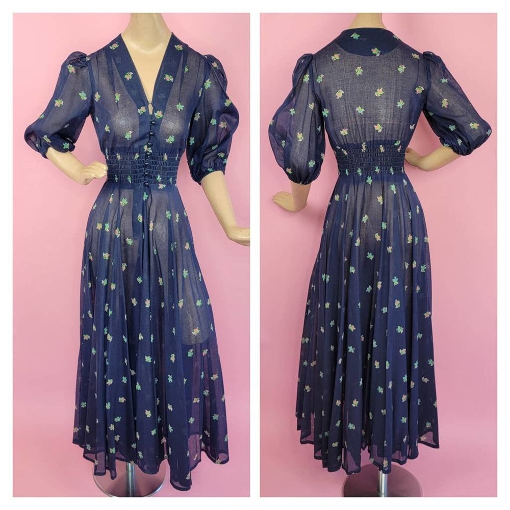 1970s Rae Dolls San Francisco Dress Sheer Navy Blue Floral Puff Sleeves XS